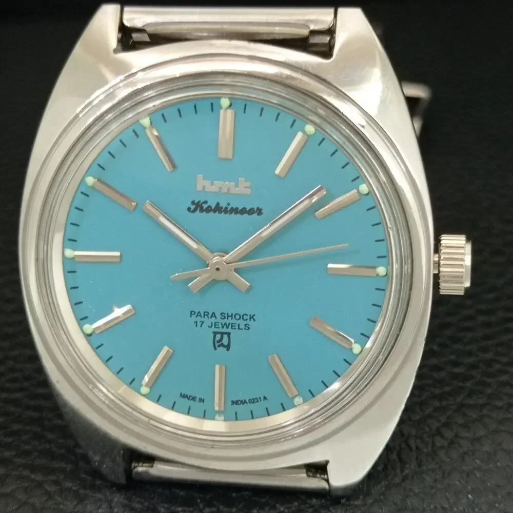 Vintage 1980 HMT Manual Wound Mens Silver Watch & Blue accents